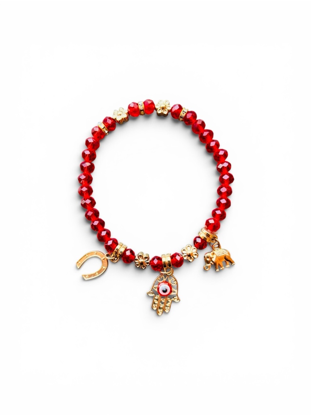 Red Beaded Charm Bracelet with Hamsa and Elephant Charms